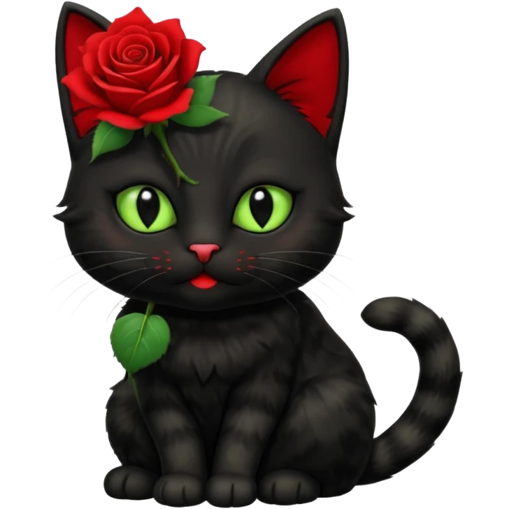 Cute emoji-style black cat holding a red rose in its mouth, big round eyes with light green sclera and black pupils, fluffy fur, clean mascot style, centered, soft beige background, 1:1 ratio. emoji