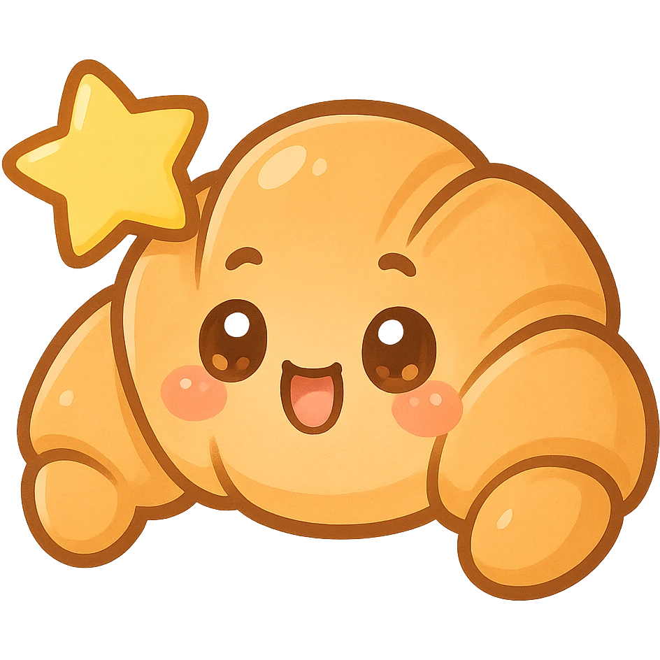 chibi sticker-style croissant with a big star, cute and exaggerated emoji