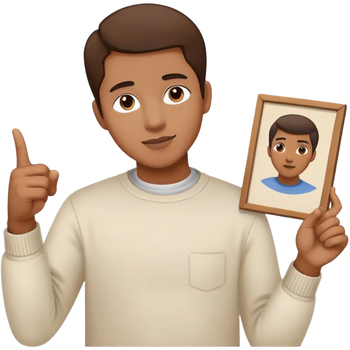 Person pointing at inspiring finished portrait rather than scattered paints emoji