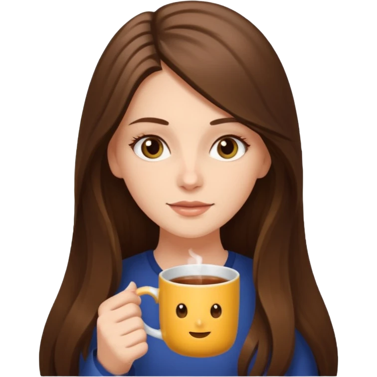  white long brunette hair girl with hazel eyes reading with a mug emoji