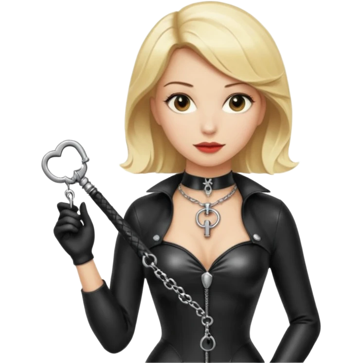 Dominatrix with blonde hair, latex outfit, old fashioned key necklace, and a whip emoji