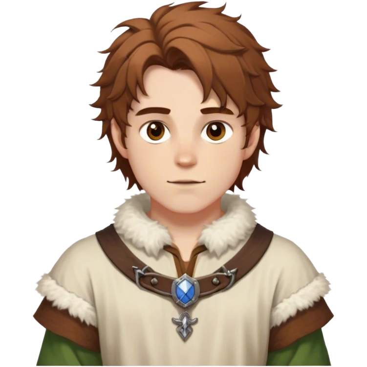 medieval spring outfit worn by a DnD themed fantasy male character. cotton tunic with sleeves rolled to the elbow, featuring a light fur-lined collar for chilly mornings. clothes only above the waist. The clothes full waist. The character's haven't arms. character is white-skinned, chestnut brown hair, amber eyes, shoulder-length messy hair. emoji