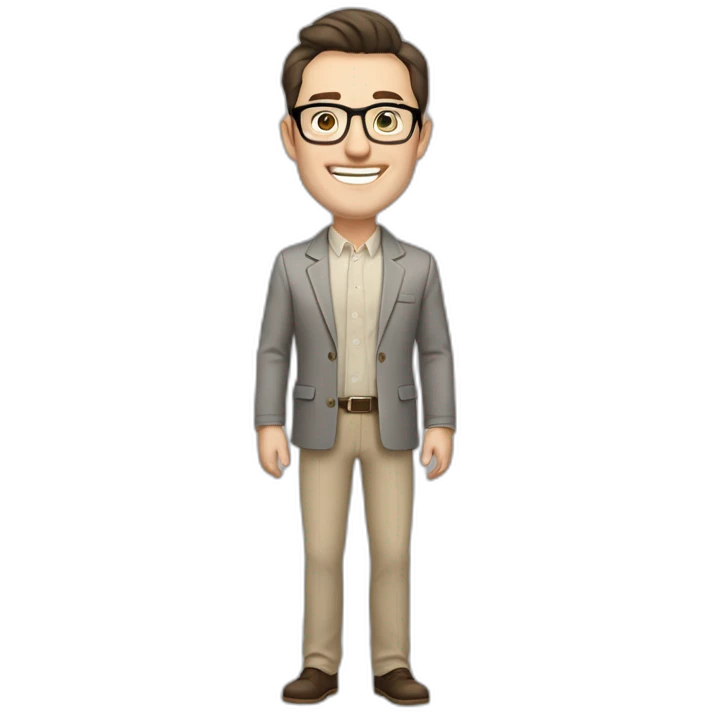 Joyful Full height Pale skinned Fit Man With dark brown hair in gray jacket, beige office shirt, Brown pants and vintage glasses. His thrumbs up emoji