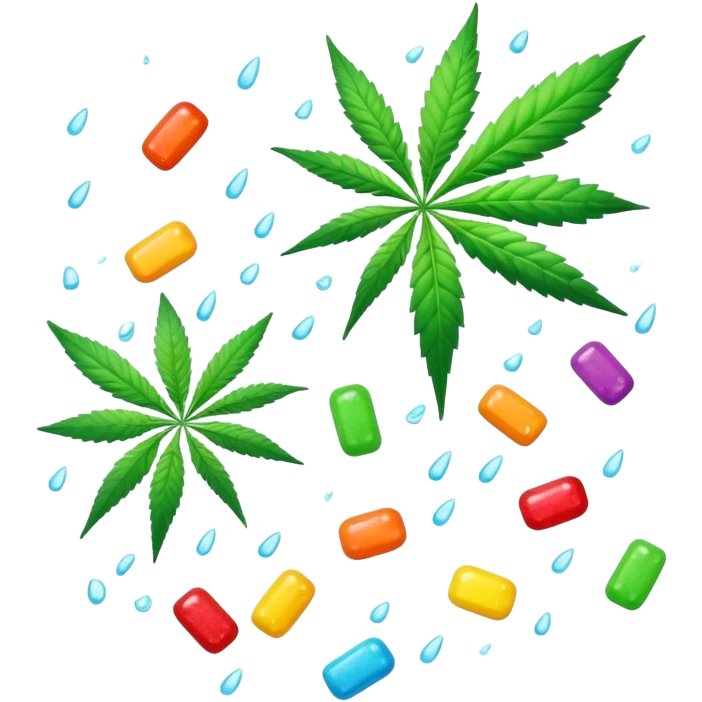 candy rain with cannabis leaf, colorful candies falling with marijuana leaf emoji
