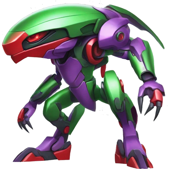 a shiny purple-green-red Genesect-Raptor-Fakémon—hybrid with a futuristic visor-helmet full body emoji