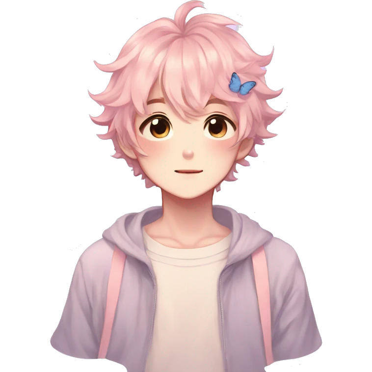 Gorgeous pastel anime style boy with blushing face and butterflies aesthetic trending style emoji