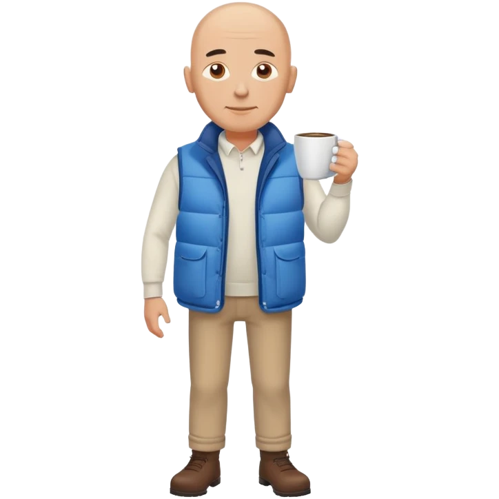 full body bald man wearing long sleeve white shirt with blue puffy winter vest holding a cup of coffee in front of him and nothing in his other hand emoji