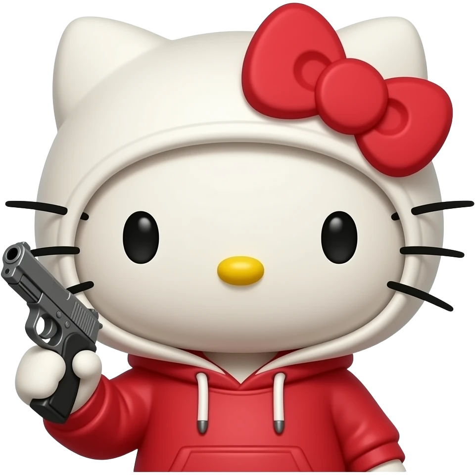 hello kitty male version with red hoodie and the hood white.  and a gun in his hand emoji