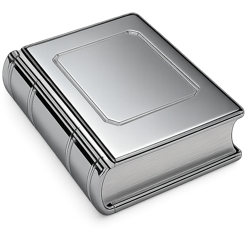 chrome style book, closed, metallic cover, polished edges, highly reflective emoji