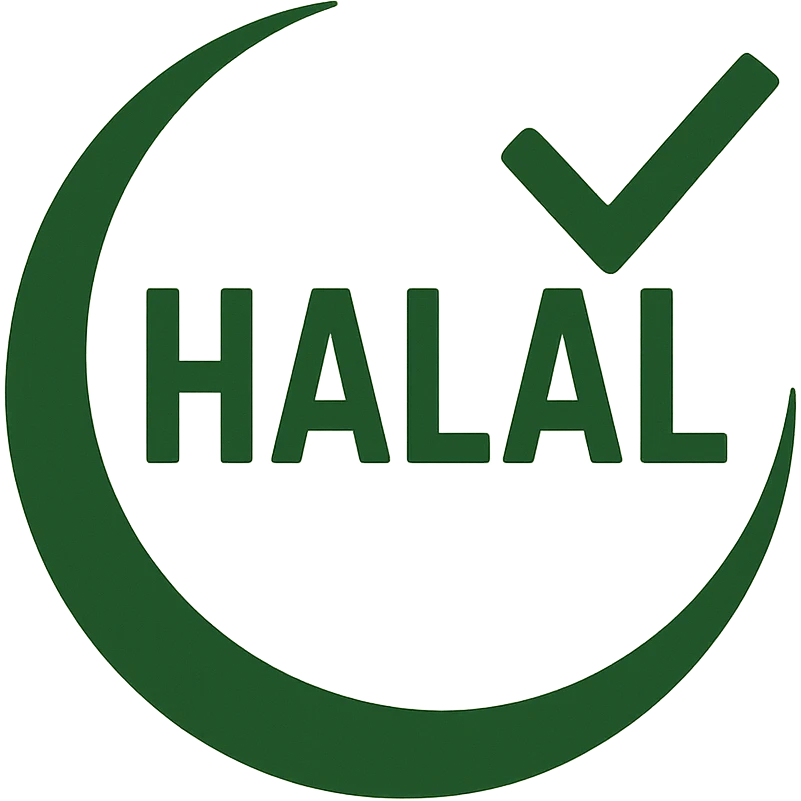 the word 'Halal' with a green checkmark and crescent, emphasizing certification emoji