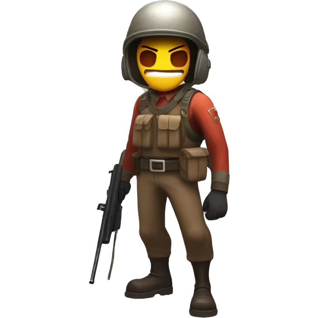 The Soldier from Team Fortress 2, with a helmet covering his eyes and with a maniacal smile emoji