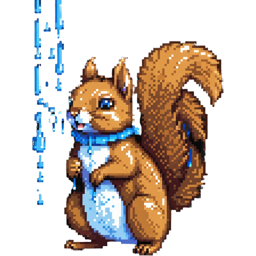 Pixel art squirrel with distinct brown fur, bushy tail, and obvious blue drool dripping from mouth in multiple pixel droplets emoji
