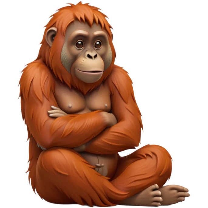 cinematic-orangutan-realistic-full-body-sitting-emoji,-massive-frame-relaxed-with-arms-folded-thoughtfully,-thick-orange-fur-flowing-in-the-breeze,-head-tilted-dramatically,-deep-dark-eyes-filled-with-ancient-wisdom,-simplified-yet-realistic-focused-features,-highly-detailed,-glowing-with-an-almost-sarcastic-glow emoji