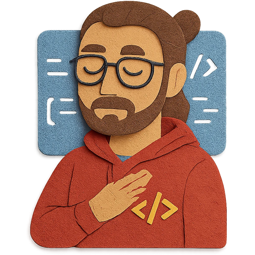 male software developer making 'eyvallah' gesture, right hand on chest, long brown hair tied back, glasses, short beard, light tan skin, wearing a hoodie with </> logo, tech and code background emoji