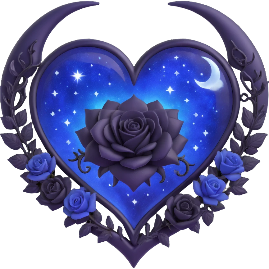 gothic heart made of midnight blue glass with a silver crescent moon, tiny black roses, shimmering stardust, swirling galaxy background, magical glowing aura emoji