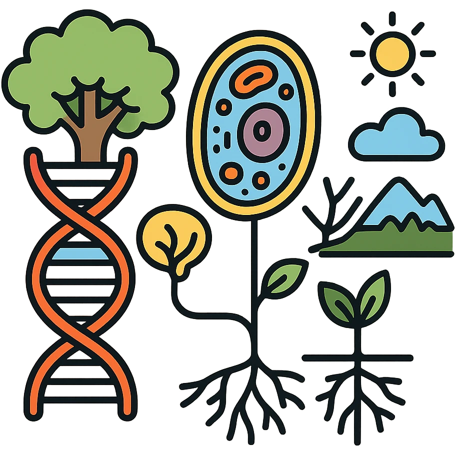 A realistic biological illustration (like in a school book) showing: DNA strands transitioning into a tree, cells with visible organelles, neurons connected to plant roots  and a balanced ecosystem background . Seamless integration, no labels or borders, complete white background (not off white!), detailed but minimalist.  emoji