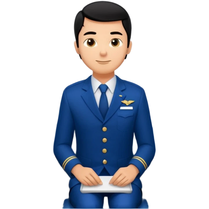 A  male courteous flight attendant checking seat rows with a polite, attentive posture. emoji