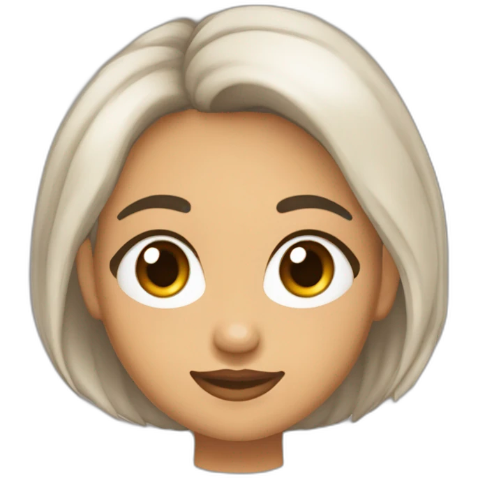 Morena de pelo medio, tez blanca, nariz chata, ojos un poco rasgados y marrones y la cara redondo da emoji
