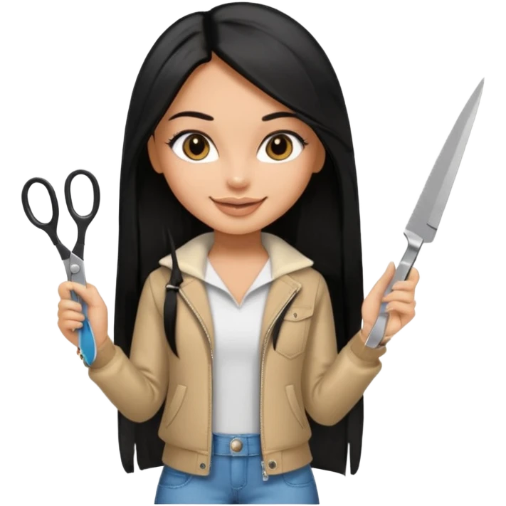 a pretty tan bratz girl with black long straight hair smiling and holding scissors emoji
