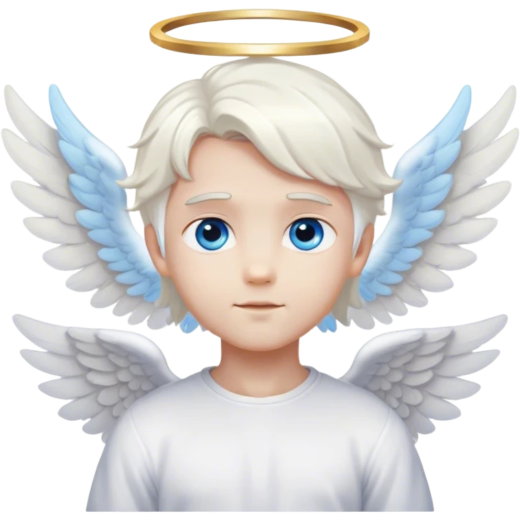 Cute angel boy with white hair, white angel wings, a halo above her head and blue eyes, emoji