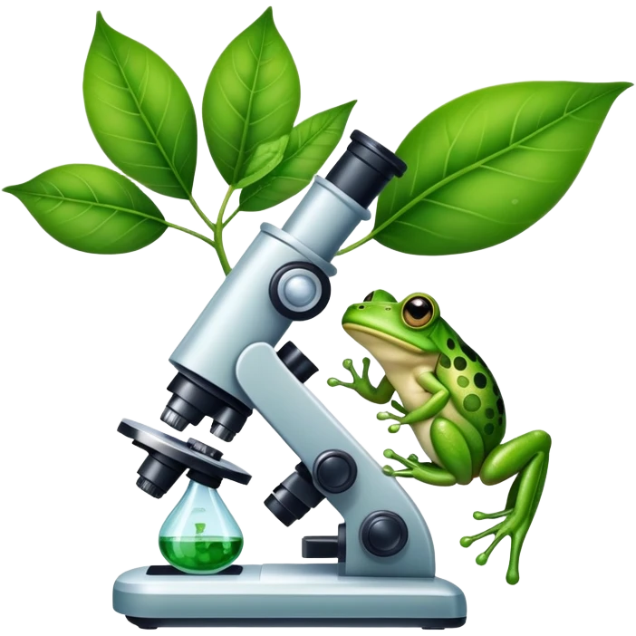 An icon featuring a DNA strand, a microscope, and a green leaf, symbolizing biology. The design includes animal cells, plant structures, and a frog, representing the study of living organisms and ecosystems. Transparent background highlights life sciences and biological research. emoji
