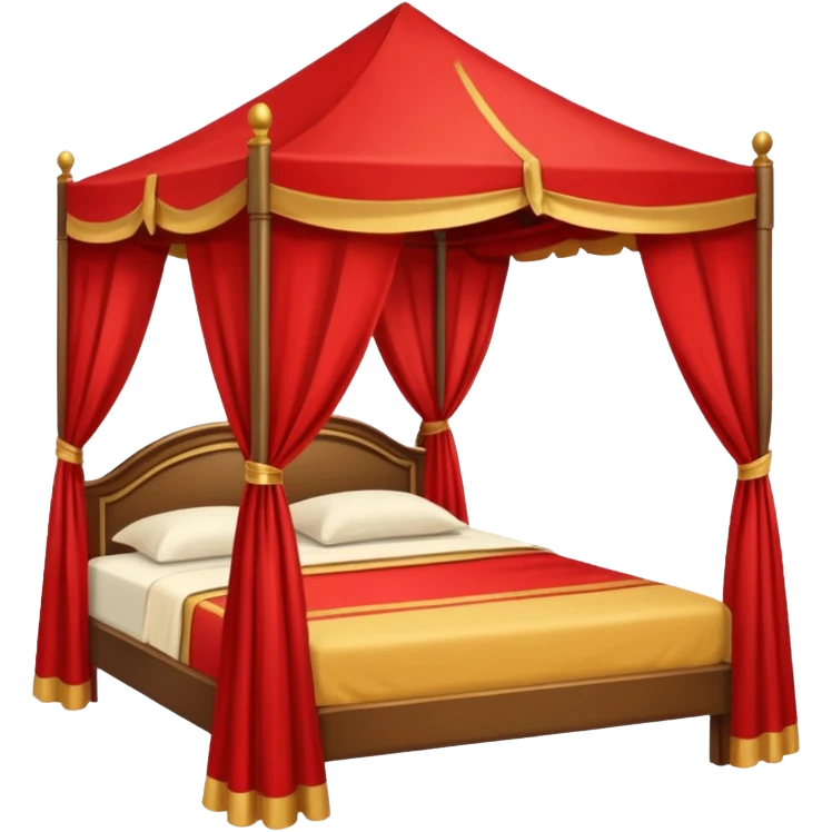 bed with red and gold sheets, wooden, canopy, simple emoji
