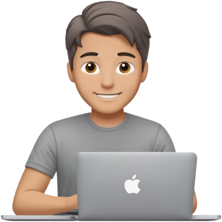 A man in his mid 20s, middle part average dude with slightly droopy eyes, happy, using a MacBook (no logo), hero for an iOS developers website emoji