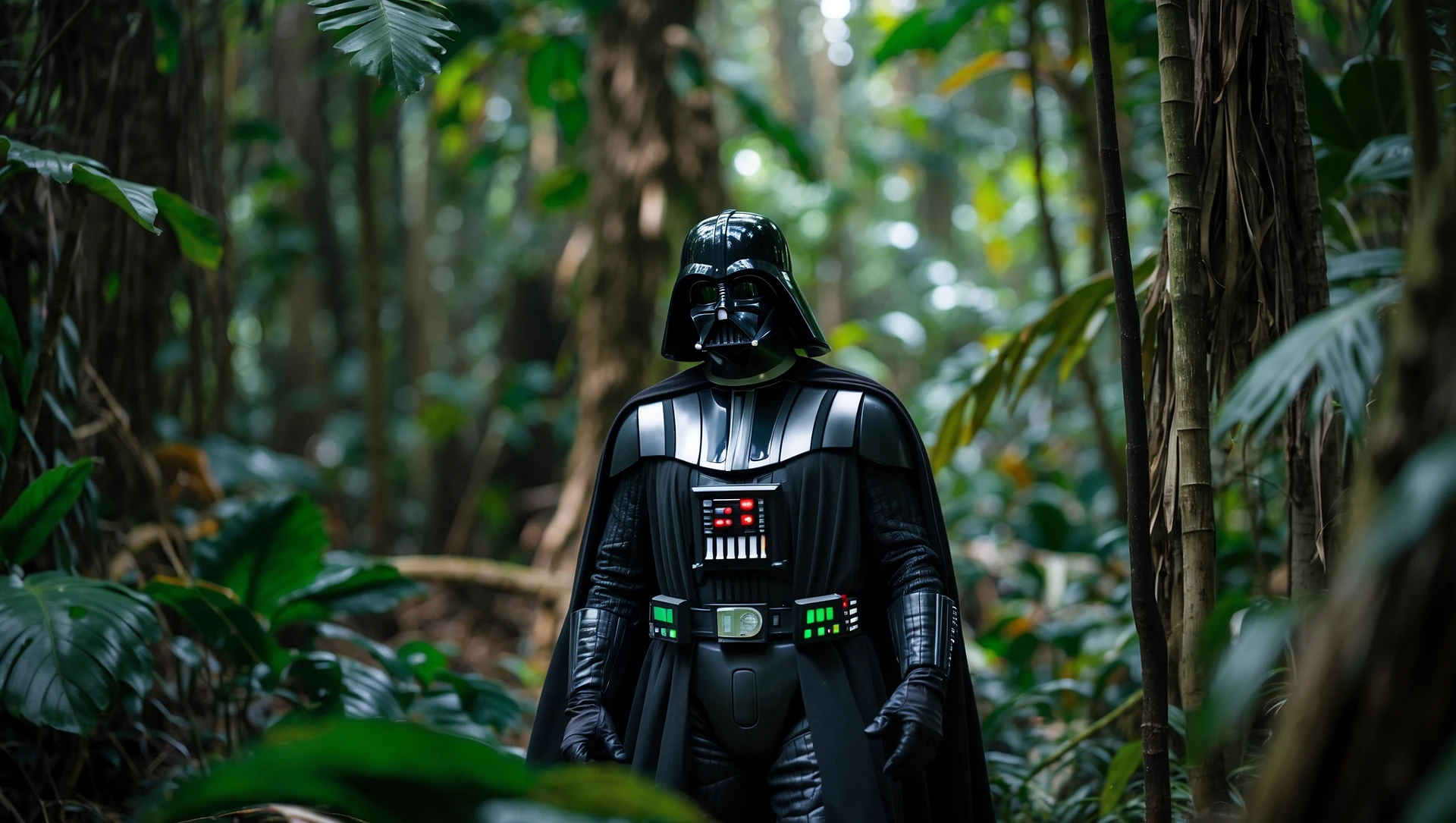 cinematic still, documentary photography, amazon jungle, well lit scene, Darth Vader is exploring the jungle, close up, front shot, rule of thirds emoji
