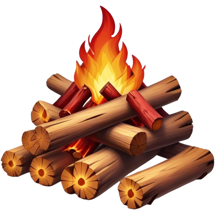 Cinematic Realistic Campfire, a roaring flame crackling atop carefully arranged logs, embers glowing deep red, golden light casting soft flickering shadows, gentle smoke drifting upwards, glowing with warmth and coziness. emoji