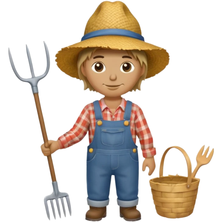 Scarecrow, Dressed like a farmer with overalls, straw hat, and a rake tucked in one arm, body on stick emoji