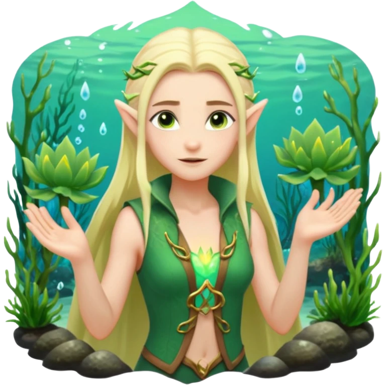 elf female legolas wading in shallow tide pool, palm emitting soft green light to heal glowing coral, practical open vest over bare chest, determined gaze, pointy ears, vibrant underwater plants, centered emoji, nature guardian summer emoji