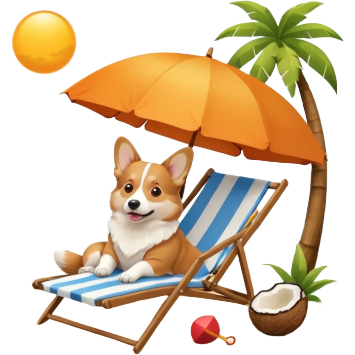 a corgi dog laied on a beach chair, a sunny beach, a sun umbrella, and beach coconut trees. the icon should capture the essence of a relaxing beach vacation with a carefree atmosphere emoji