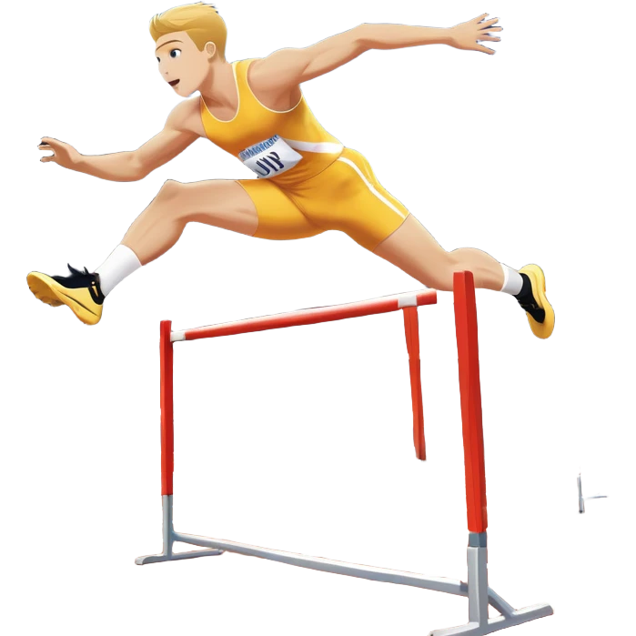 An icon of an athlete soaring over a hurdle, mid-jump, with a powerful form. The background features a vibrant stadium, with the track and hurdles in sharp focus, and a cheering crowd along the stands. The motion of the jump emphasizes speed and agility. Transparent background. emoji
