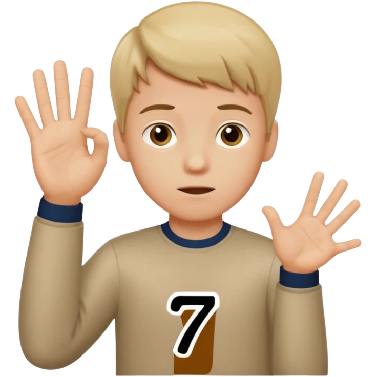A boy shrugging with the number 6 over one hand and the number 7 over the other  emoji