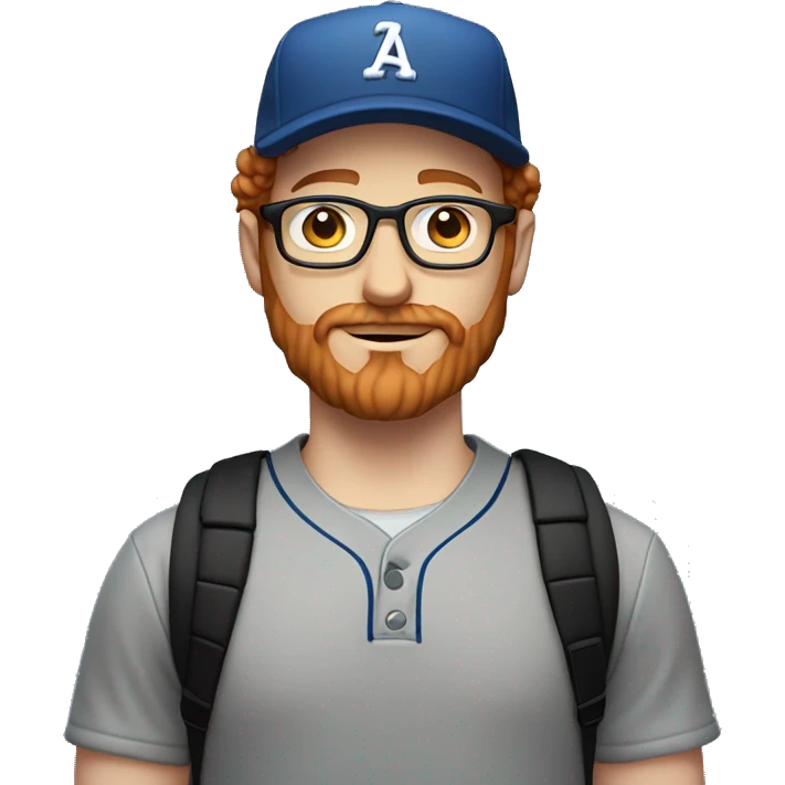 35 years old, male, short curly red hair, glasses, black baseball hat, blue eyes, pale complexion, thick beard and thin mustache emoji