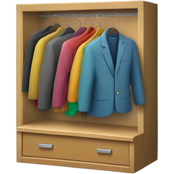Design an emoji-style icon of an open wardrobe with clothes hanging inside. Include details like a wooden frame, hangers, and colorful clothing items such as shirts or jackets. Use a clean and minimalistic design. emoji