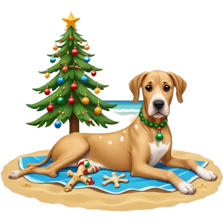 Fawn Great Dane laying on a tropical beach with a Christmas tree and dog bones under the tree emoji