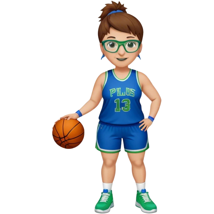 Full Body plus size white female basketball player with short medium brown hair with carmel highlights spike hair wearing blue glasses 
 wide nose wearing blue green uniform  green sneakers smiling  emoji