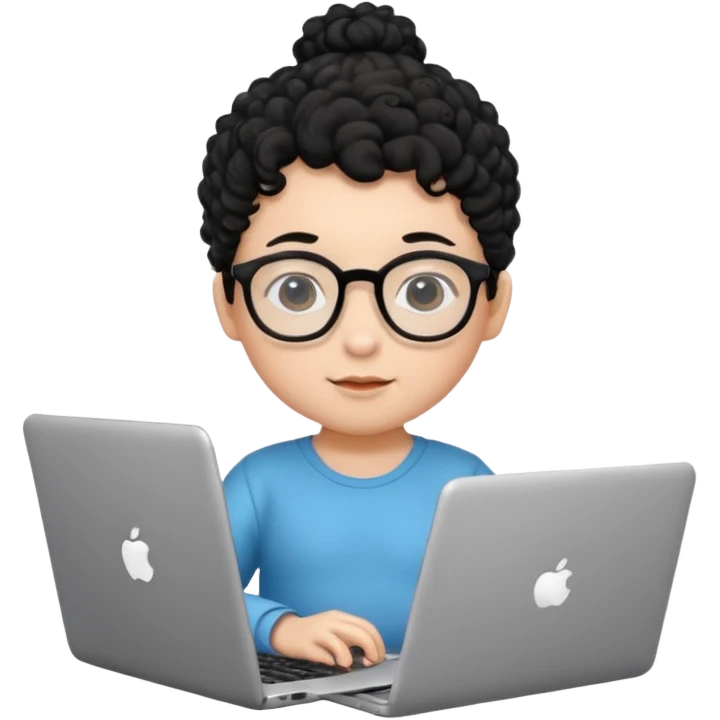A baby DEVELOPER WITH A laptop, black curly hair and topknot, wearing glasses emoji