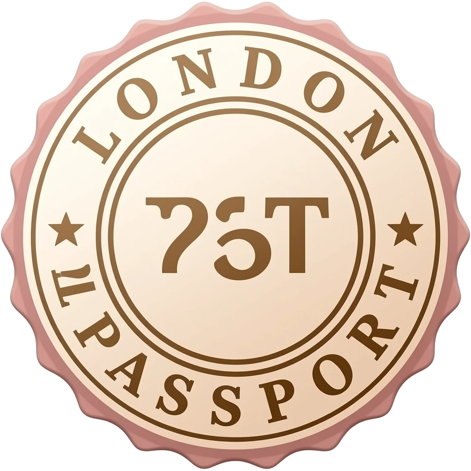 Elegant London passport stamp design, isolated, centered, no background, blush pink and gold, refined travel luxury aesthetic emoji