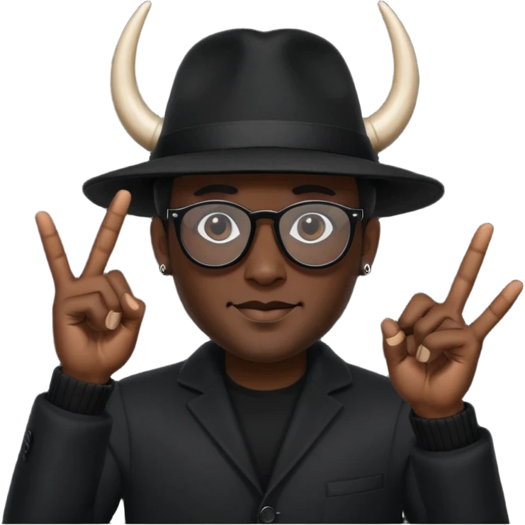 man dressed in black with dark glasses black Lens and a black hat hwo making the horns gesture on each  hands emoji
