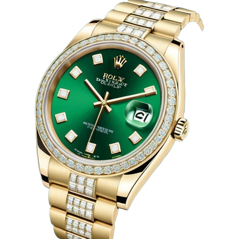 A imagem mostra um Rolex Datejust "Iced Out", totalmente coberto por diamantes na caixa, luneta e pulseira Jubilee. O mostrador também é cravejado (estilo pavé), apresentando algarismos romanos pretos e a lente de data Cyclops. O relógio é exibido em sua caixa oficial verde e bege. emoji