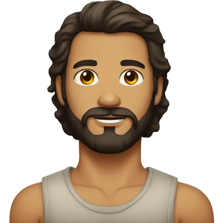 man with beard, long dark brown hair, tan skin, trident tattoo on the neck emoji