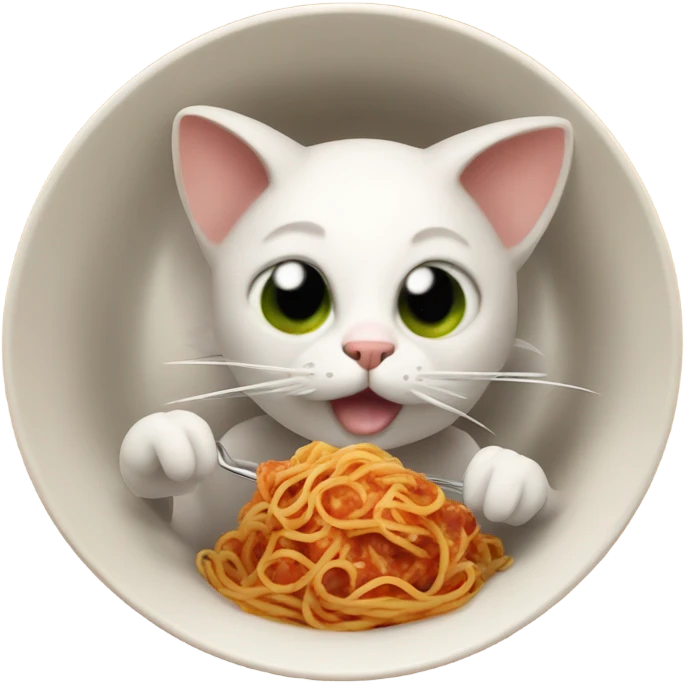 A cat eating a bowl of spaghetti in the middle of outer space with meatballs as ears whilst riding a dinosaur  emoji