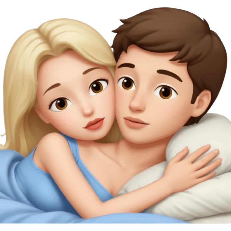 A woman and a young man are lying in bed and cuddling with each other. And they kiss on the lips. emoji