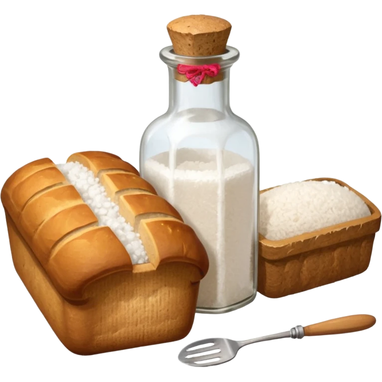 a one victorian bottle of salt and a loaf of bread - crochet needles and a ball of wool emoji