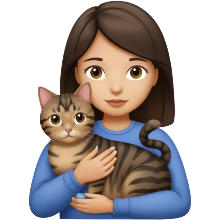 Brunette girl with light tan skin holding a fat black tabby cat emoji