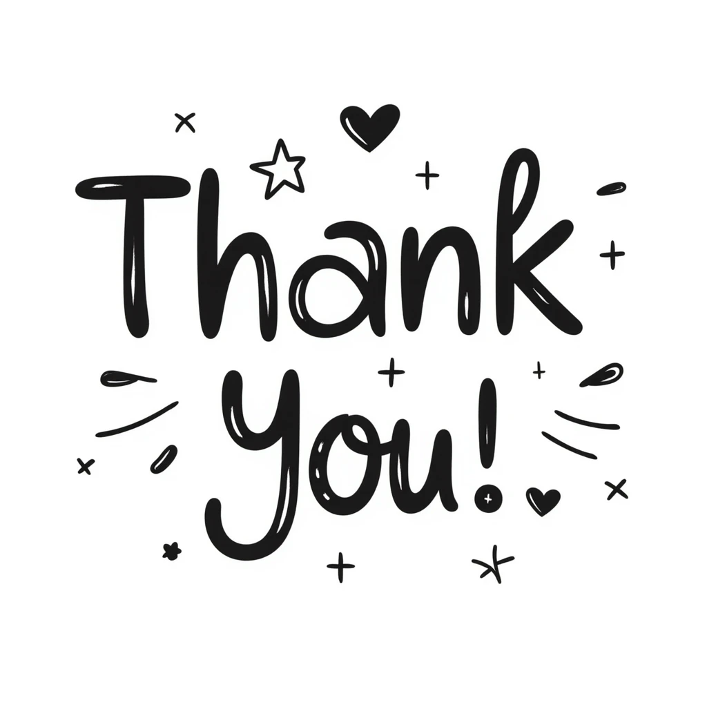 hand drawn 'Thank You' text with decorative elements, doodle style emoji