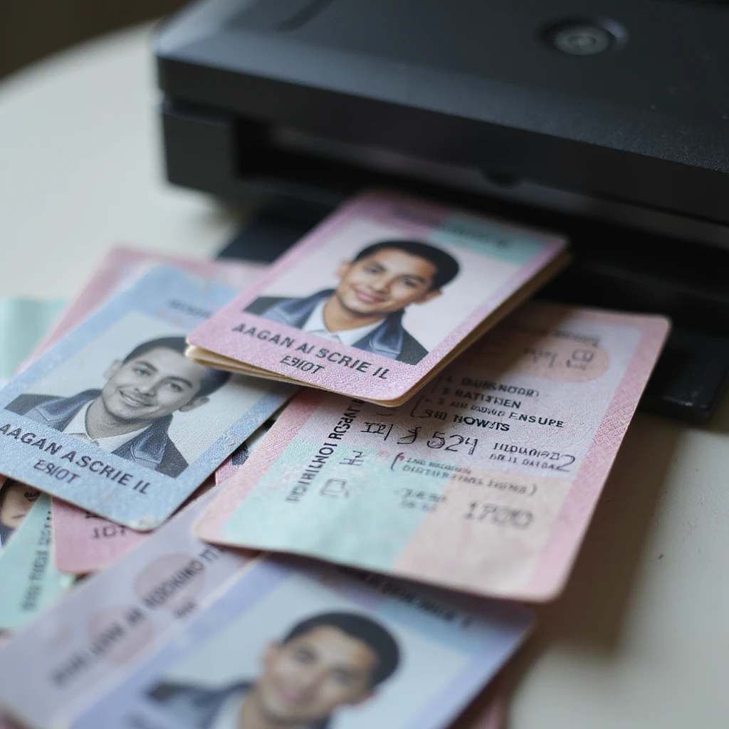 realistic thumbnail image for a passport photo printing service, showing a printer and many passport photos, with one photo in the front clearly highlighted and separated from the rest emoji