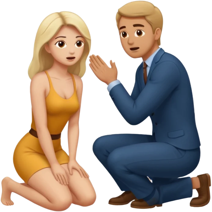 A woman kneel down in front of a man and the man moan emoji